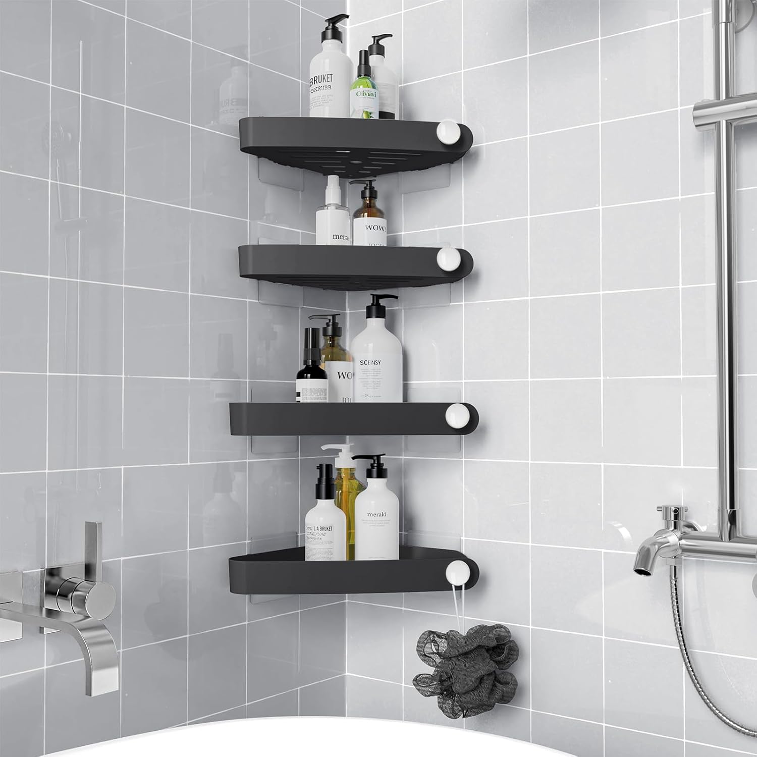 Bath Caddy Tray - Modern Black Corner Shower Shelves Rust-Free
