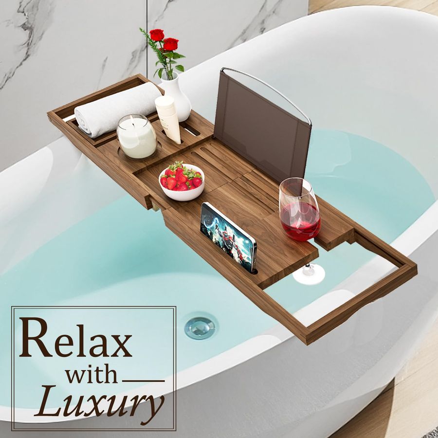 Teak Bathtub Tray Caddy, Woode - Bath Caddy Tray ulasan dan harga