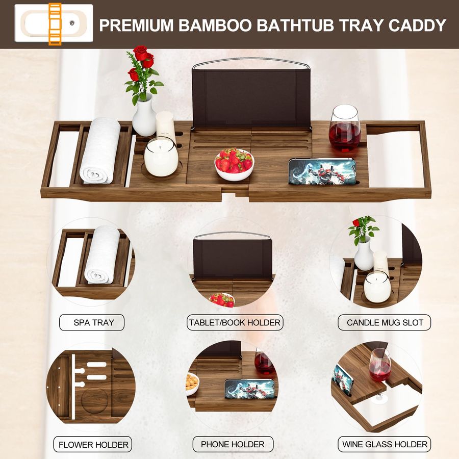 Teak Bathtub Tray Caddy, Woode - Bath Caddy Tray ulasan dan harga
