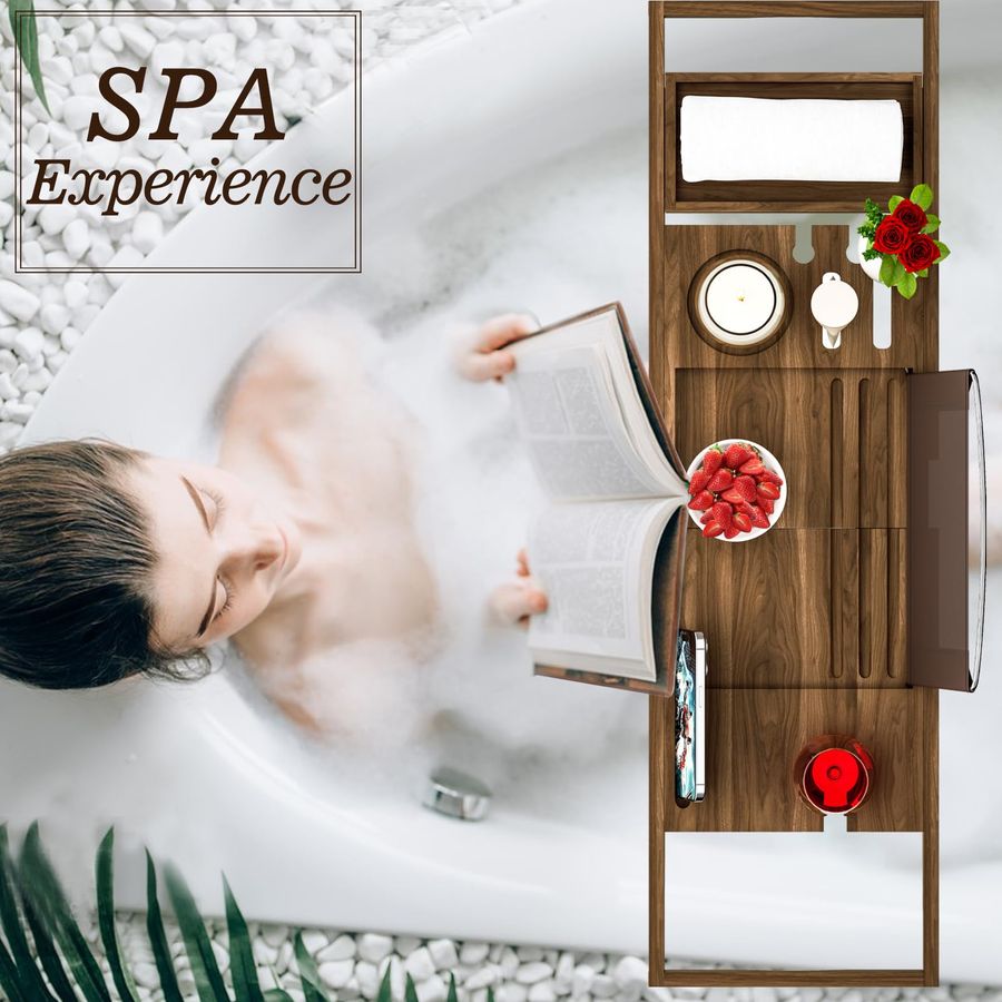 Teak Bathtub Tray Caddy, Woode - Bath Caddy Tray ulasan dan harga
